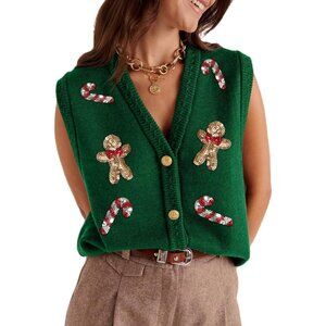 Women's Christmas Sweater Vests Santa Claus Print Sleeveless Knit Cardigan Vest